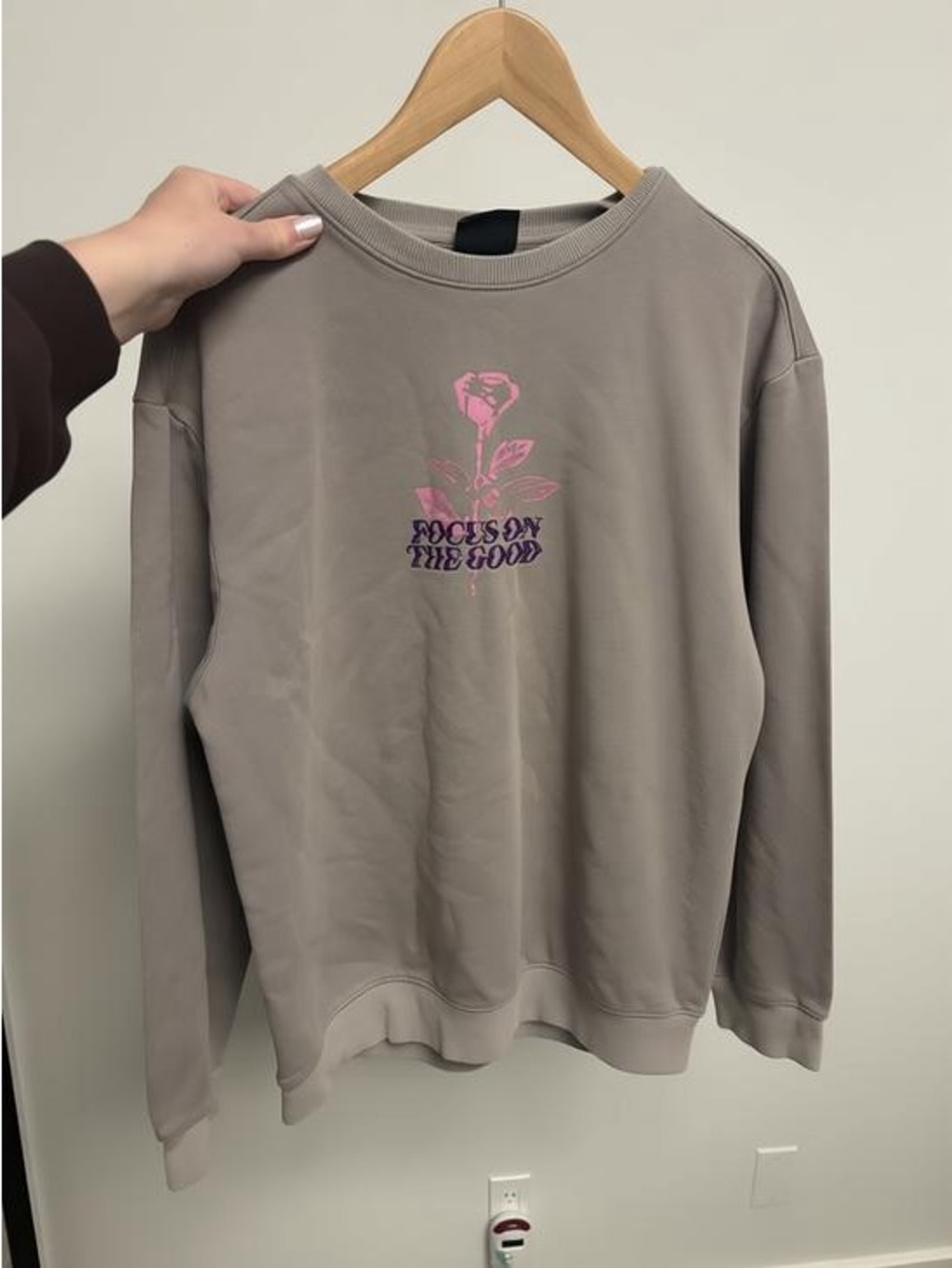 H&M Taupe Crewneck Sweatshirt with Pink Floral Graphic